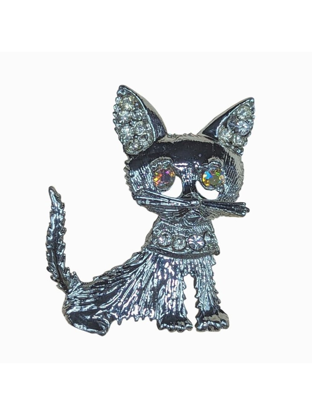 Rhinestone Cat Brooch Pin Silver-Tone Sparkling Crystal Eyes Cute Kitty Lovers 2